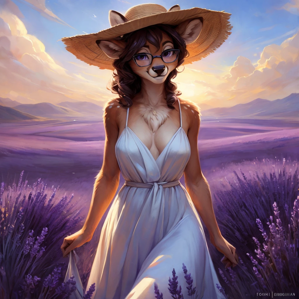 uploaded on e621, artstation, by Pixelsketcher, by Bayard Wu, by Thomas Benjamin Kennington , by Einshelm, by hioshiru and kenket, Chunie, portrait, solo anthro female deer doe, with small featureless breasts, clear dark blue, cinematic lighting, day, sunny day, lavender field, stays in a lavender field, lavender field background, mediterranean background, horizon background, shiny, short curly dark brown hair, wears big black nerd glasses, very very beautiful furry art, furry art, smiling, joyful, shiny, happy, feminine, cute face, muzzle, fluffy chest, flawless face, Fallow deer, 1girl, Sakimichan is beautiful, Masterpiece, Wavethesallow Face, shiny, Detailed image, portrait, Detailed image, portrait, full body, wearing pure white and wide spaghetti straps dress, wearing big and wide beige summer straw hat, shiny, realistic face, perfect anatomy, hourglass body, (furry body:1.1), anthropomorphic deer, looks at the viewer, small fluffy tail, detailed background, (cute anatomy:1.1), walks in a lavender field