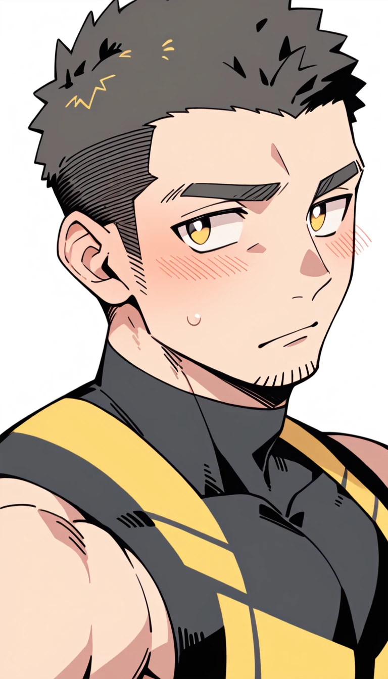 anime characters:Priapus, Muscle Sports Student, Buzz Cut, Manliness, male focus, Yellow and black tight sleeveless vest, Very tight, full and perky chest muscles, muscular male, muscular, Perfect muscular waist, only, Upper body, alone, Black short hair, Thick eyebrows, stubble, Brown-red pupils, White background, simple background, amazing quality, best aesthetics, Ridiculous, crew cut, blush, embarrassed, shy, endured face, negative space, best quality