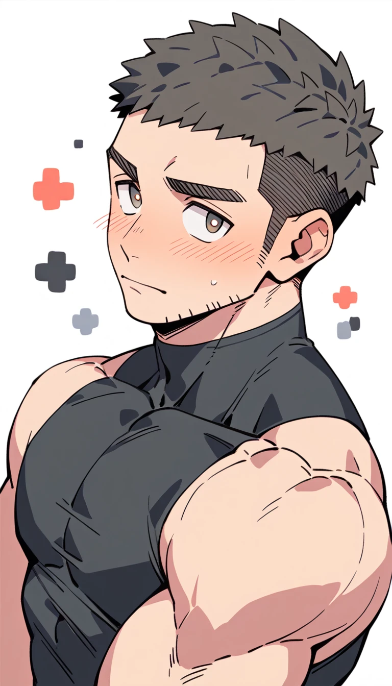 anime characters：Priapus, Muscle Sports Student, Buzz Cut, Manliness, male focus, Yellow and black tight sleeveless vest, Very tight, full and perky chest muscles, muscular male, muscular, Perfect muscular waist, only, Upper body, alone, Black short hair, Thick eyebrows, stubble, Brown-red pupils, White background, simple background, amazing quality, best aesthetics, Ridiculous, crew cut, blush, embarrassed, shy, endured face, negative space, best quality