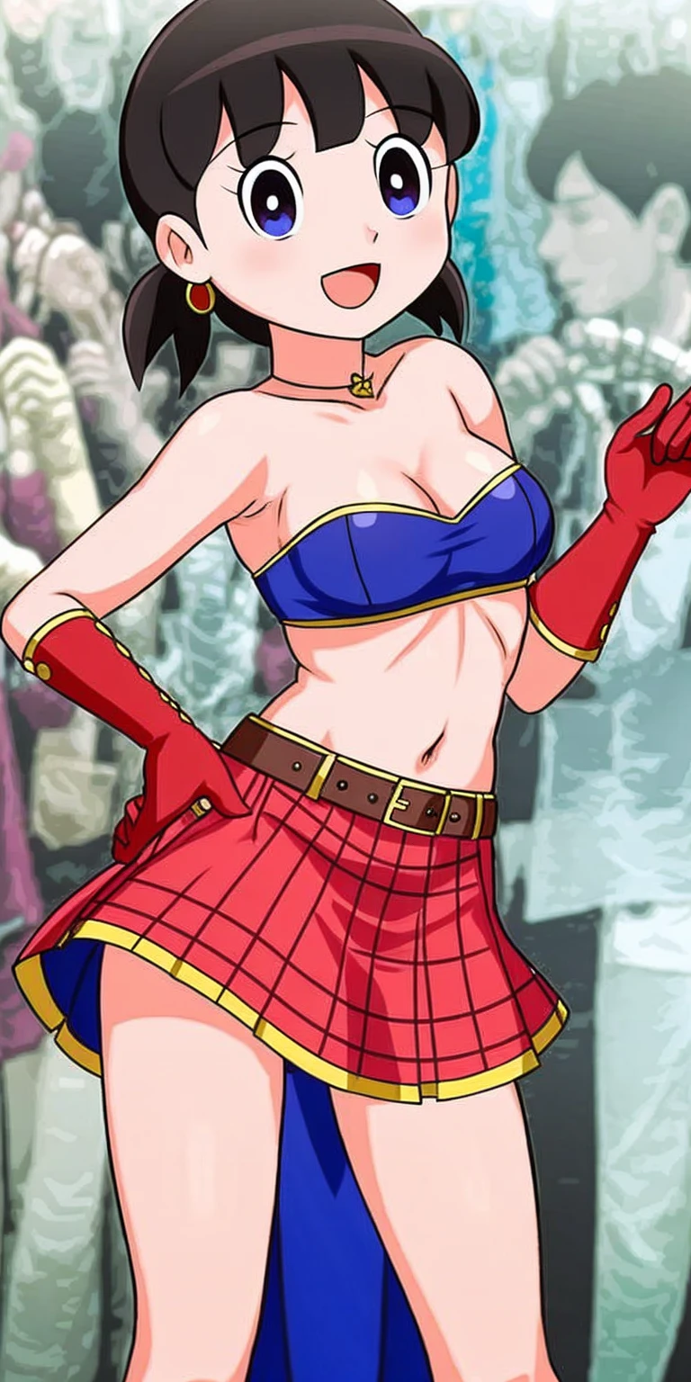 (masterpiece, best quality:1.2), cowboy shot, solo, 1girl, hecatia lapislazuli, huge breasts, cleavage, underboob, smile, walking, polos crown, no bra, off-shoulder shirt, strapless, crop top overhang, clothes writing, short sleeves, fingerless gloves, navel, midriff, multicolored skirt, plaid microskirt, bare thighs, leather boots, choker, chain, bare shoulders, outdoors, street, city, behind crowd, crowded, crowded by male, faceless male, bald male,