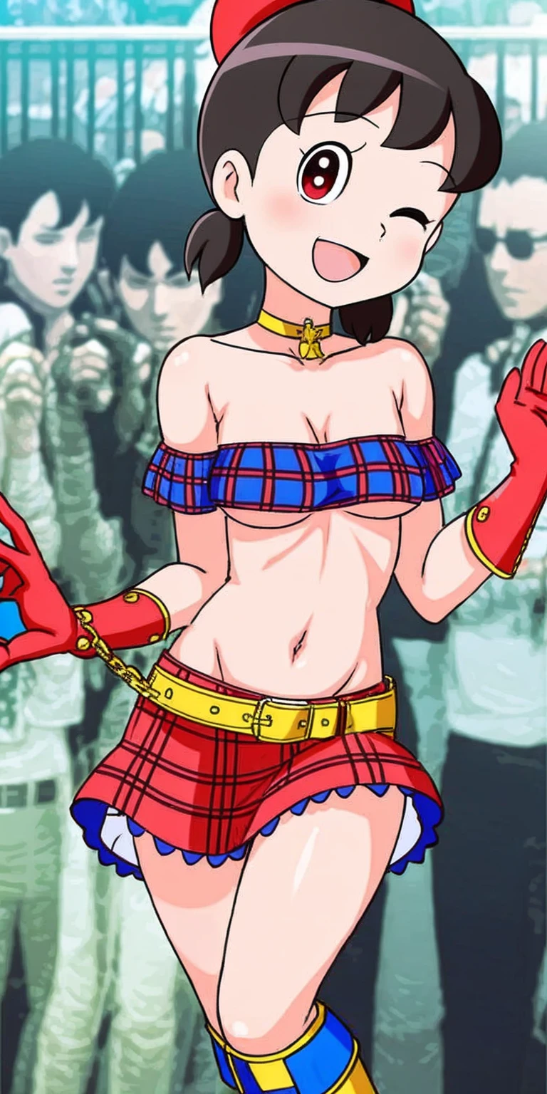 (masterpiece, best quality:1.2), cowboy shot, solo, 1girl, hecatia lapislazuli, huge breasts, cleavage, underboob, smile, walking, polos crown, no bra, off-shoulder shirt, strapless, crop top overhang, clothes writing, short sleeves, fingerless gloves, navel, midriff, multicolored skirt, plaid microskirt, bare thighs, leather boots, choker, chain, bare shoulders, outdoors, street, city, behind crowd, crowded, crowded by male, faceless male, bald male,