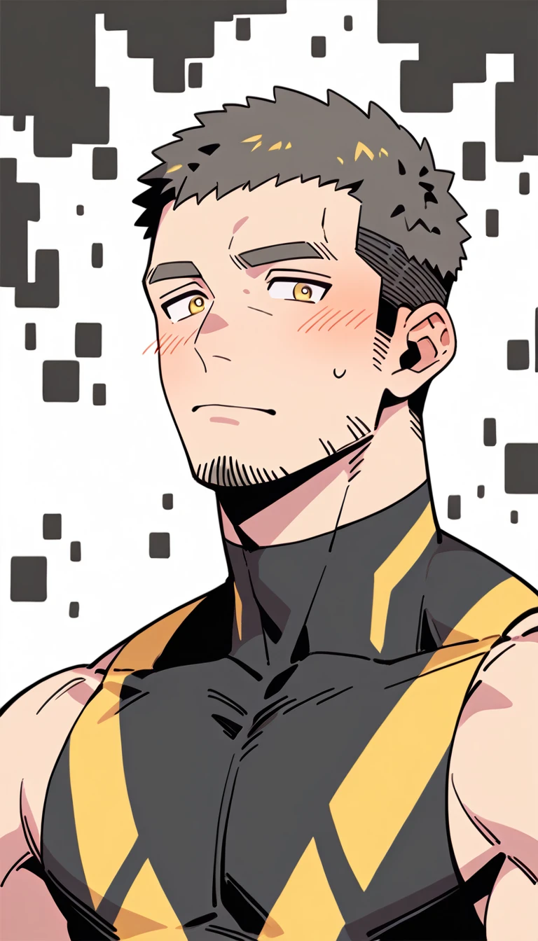 anime characters:Priapus, Muscle Sports Student, Buzz Cut, Manliness, male focus, Yellow and black tight sleeveless vest, Very tight, full and perky chest muscles, muscular male, muscular, Perfect muscular waist, only, Upper body, alone, Black short hair, Thick eyebrows, stubble, Brown-red pupils, White background, simple background, amazing quality, best aesthetics, Ridiculous, crew cut, blush, embarrassed, shy, endured face, negative space, best quality