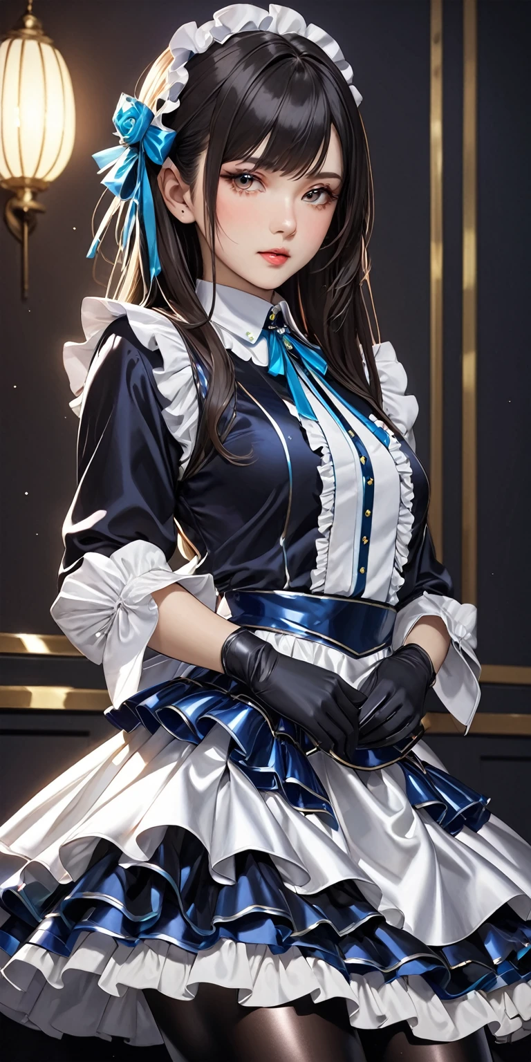 Portraiture、(masterpiece,Highest quality,Ultra-high resolution),Japanese women, (((Very beautiful 25 year old girl))),She is wearing a long-sleeved dress made of shiny satin with lots of frills, like an idol costume.、A shirt with a shiny satin collar、Shiny satin long gloves、Shiny satin tights、The background is dark