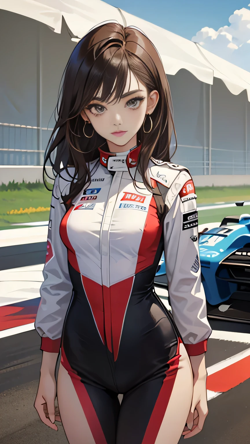 ((best quality)), ((masterpiece)), (detailed), perfect face, ((Best quality, 8k, Masterpiece: 1.3)), Sharp focus A beautiful woman with perfect body, Slim abdomen, Highly detailed face and skin texture, Detailed eyes, Double eyelid, brown hair, heart earrings, Race queen, FI circuit, background (FI car), Race Queen Costume