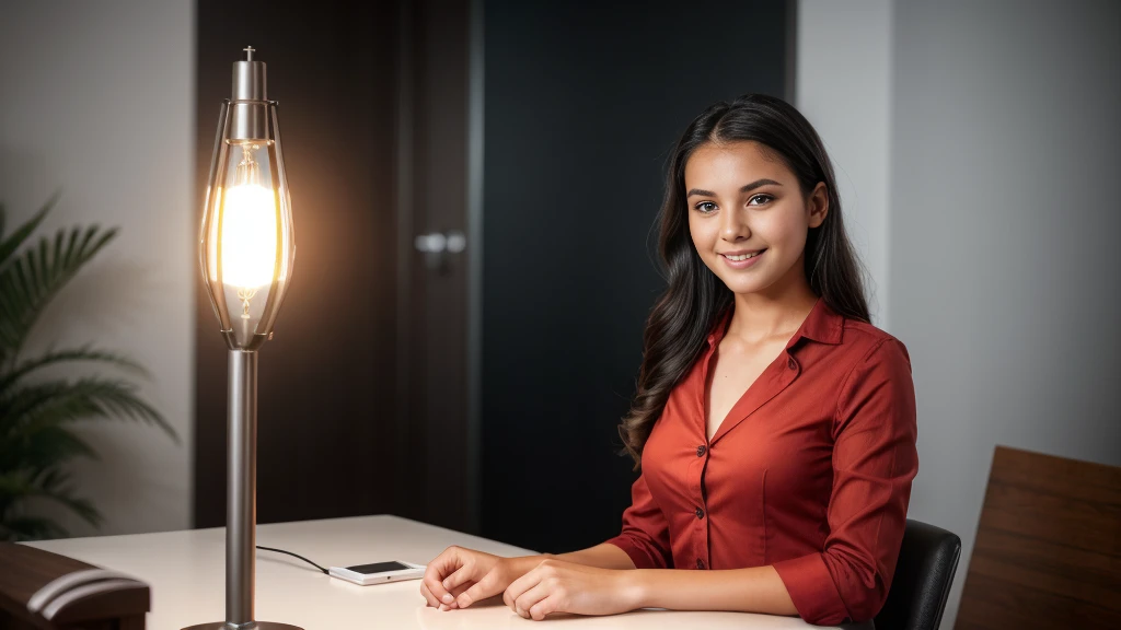 raia, (1girl:1.9), an (18-year-old:1.9) beautiful girl in a professional office setting, black hair, (slim tall slender fit-muscled body:1.4), (looking at viewer:1.1), (elegant (red:1.9) business attire:1.1), gentle expression, full smile, professional and efficient, office supplies, warm lighting, photorealistic, highly detailed, cinematic composition, dramatic lighting, color grading, Rembrandt lighting