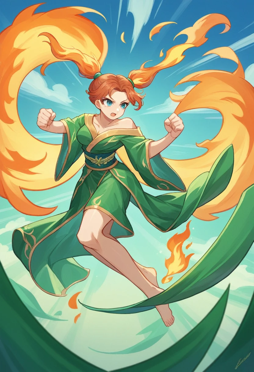 Little 18 year old girl bandit through hell、green kimono with lotus flowers、green flame. blue eyes. long legs, curly hair, very small covered breasts, body with green flames and an expression of fury, giving a flying kick, released fire from his feet , two pigtails in her hair, flying like a superhero, background a green chinese dragon behind her. sosten verde, green oriental clothing, showing great power by charging a dragon. Background in the distance a majestic dragon dragon