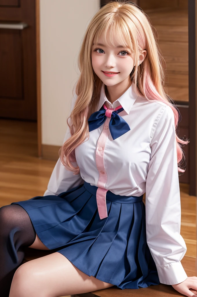 Highest quality,girl,2 people,girl2 people,high school girl,uniform,White long sleeve blouse,Dress shirt,Navy blue pleated skirt,Black knee-high, Blonde and pink hair, Brown eyes,cute,Sitting,wavy hair,smile,