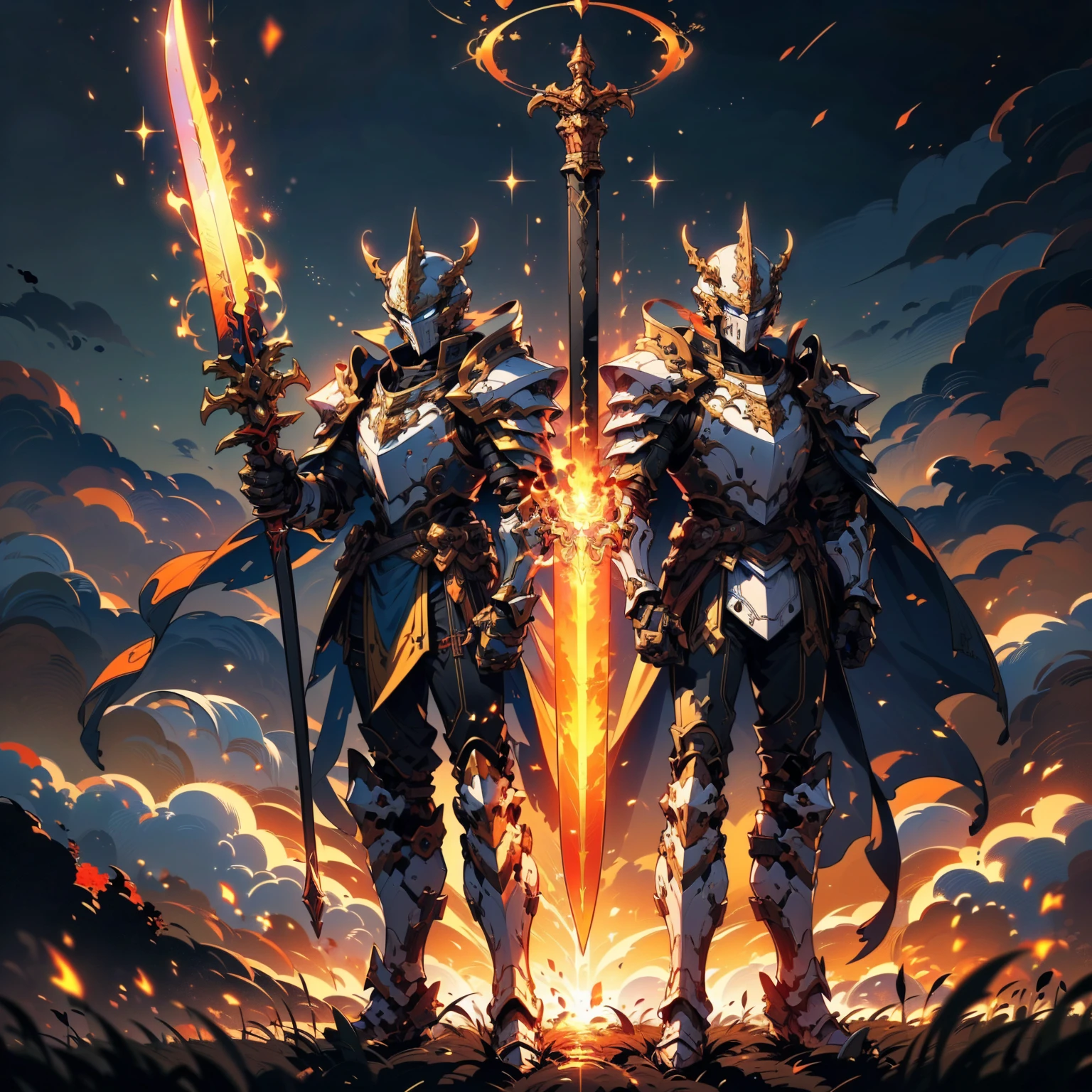 8K quality,(super masterpiece:1.3),Highest quality,Detailed Images,1 male,knight,pocket(Full Face,Two Corners),Blue Armor(Blue full armor,Golden decoration),(Wear a red cloak,Red Cape),(Holding a flaming sword in both hands),(background:Burning image,sunset,幻想的なsunset,The End,The end of the world,grassland,Takayama,Halo effects),(Whole body image,Standing with your legs apart),(Face directly towards the camera,Looking directly at the viewer,looking at the camera,The body faces the viewer,The body is facing the direction of the camera,Face looking straight into the camera).