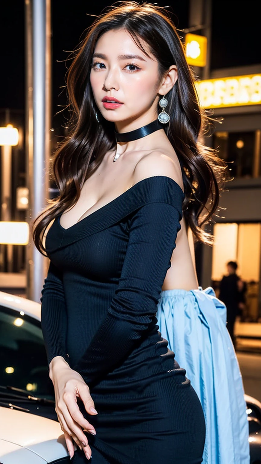 masterpiece, Highest quality, Ultra-high resolution, (Photorealistic:1.4), 32K,Beautiful lighting, RAW Photos, 8K Ultra HD,Detailed face, Detailed eyes,Detailed eyes,Symmetrical eyes,Good balance between left and right eyes,No makeup:1.5,Beautiful girls, cute,18-year-old,(((Long black hair、One Length,Round face,Baby Face,Young Face, Thin eyebrows,A round, upturned nose,Letter to))), (((［Stick to the body、A tight blue knit long dress that shows off your body line,Deep V-neck］,Dresses with open shoulders,choker,necklace,Earrings,This is a common-sense configuration,Not erotic))),(Sensual body lines,Feminine body lines,Huge boobs:1.5,Big Ass:1.2),((Side Bust Barbosa:1.5)),Late night street corner,City night view, Blurred night view,The night view is blurred,Long Shot,Backwards、look back,Huge breasts:1.5,Emphasized cleavage,Protruding buttocks