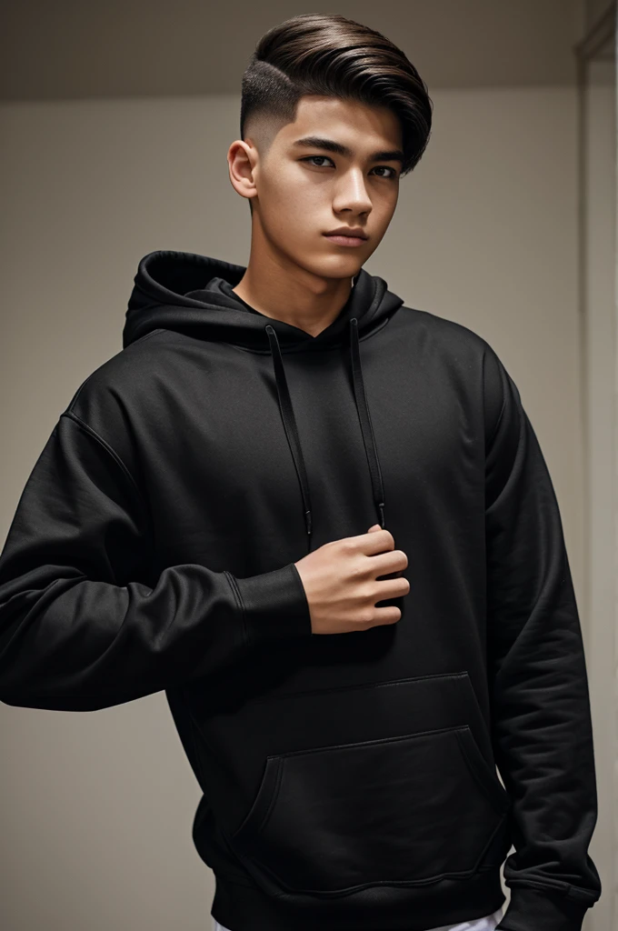 17 years-old boy, Two-block hairstyle, wearing black-hoodie no sleeve, muscle