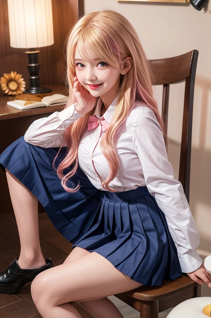 Highest quality,girl,high school girl,uniform,White long sleeve blouse,Dress shirt,Navy blue pleated skirt,Black knee-high, Blonde and pink hair, Brown eyes,cute,Sitting,wavy hair,smile,