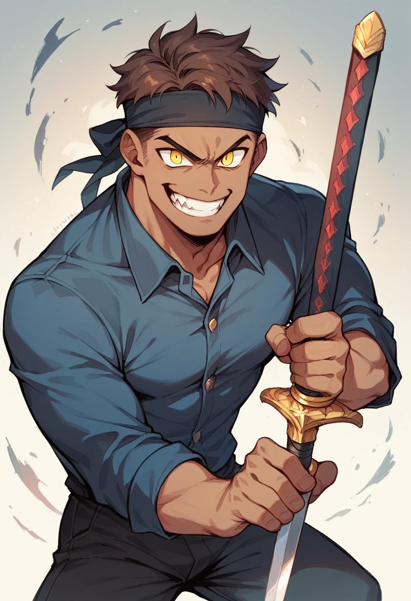 evil fat boy with short dark brown hair, yellow eyes, black headband on his forehead, dark blue shirt, black pants, dark brown shoes with a sword on his left hand, prominent tooth and evil mustaches on his mouth, malicious grin