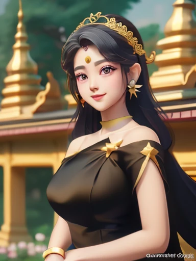 masterpiece, best quality, girl, solo, ((mature female)),, long hair, hair, princess, black dress(dress) (golden dress) fantasy, happy, looking at viewer, cartoon, anime, (oil painting)Burmese girl, 18 years old, Bagan pagoda view background, clear Hd 8k