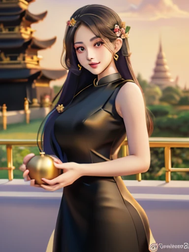 masterpiece, best quality, girl, solo, ((mature female)),, long hair, hair, princess, black dress(dress) (golden dress) fantasy, happy, looking at viewer, cartoon, anime, (oil painting)Burmese girl, 18 years old, Bagan pagoda view background, clear Hd 8k