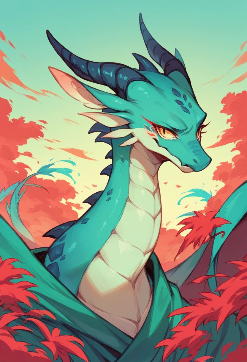 A turquoise blue oriental dragon in a red sky