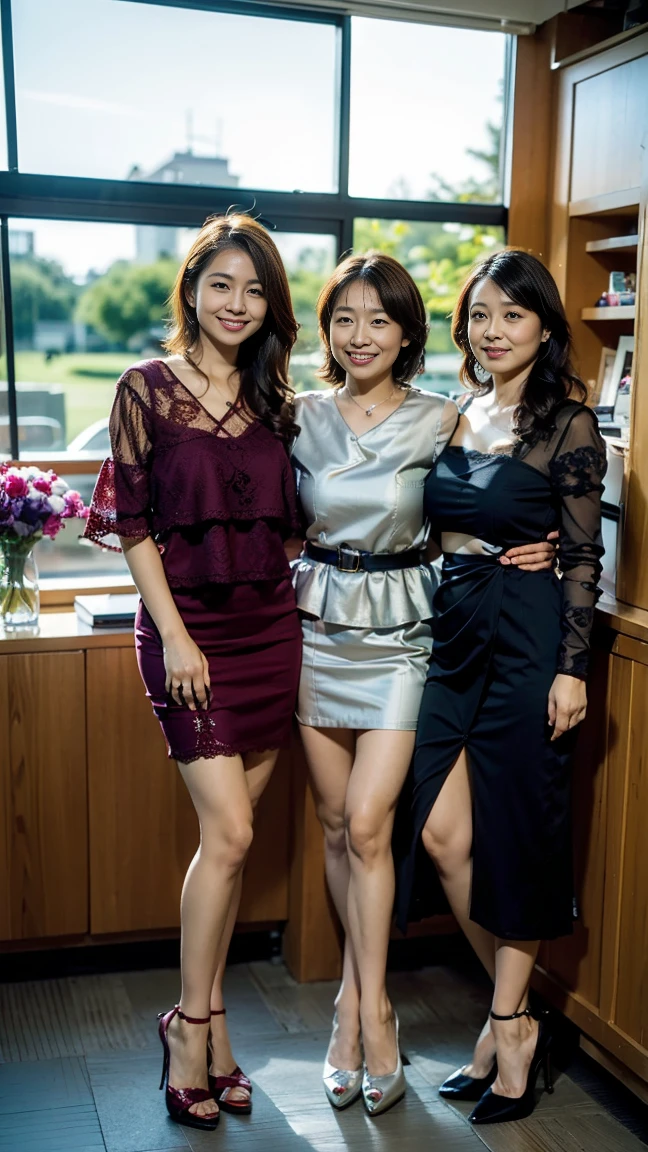 (Highest quality, masterpiece, Realistic, Very detailed, Ultra-high resolution, to be born:1.3), (Three Girls:1.5), beautiful, Japanese, mature, Age 27, office workers, (Close bonds, Sexy and intricate lace lingerie、I see your idea| Silver| wine-red| navy| pink| Yellow green| violet| Sky blue} Clothes), (smile), (bangs), high waist, necklace, (office, indoor, Glass Room), (Long legs, High heels, whole body:1.2), (Mid-chest:1.3), (crowd)