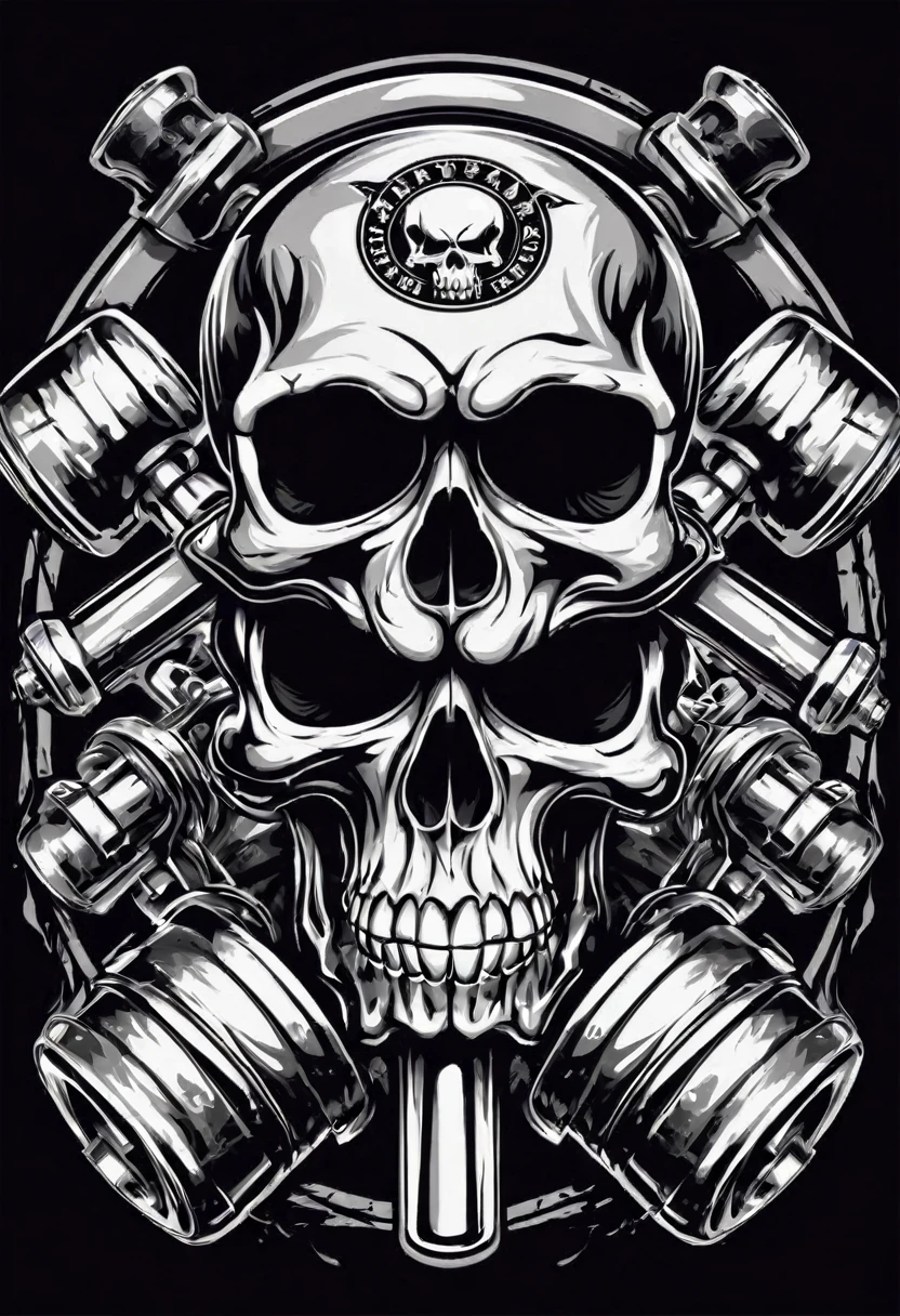 Create T-shirt design, two crossed pistons with a skull, vector art inspired by Ed Roth, featured on behance, conceptual artwork, garage, heavy metal t-shirt design,T-shirt design. The overall style is bold and intense, embodying the dark and edgy spirit of heavy metal music.