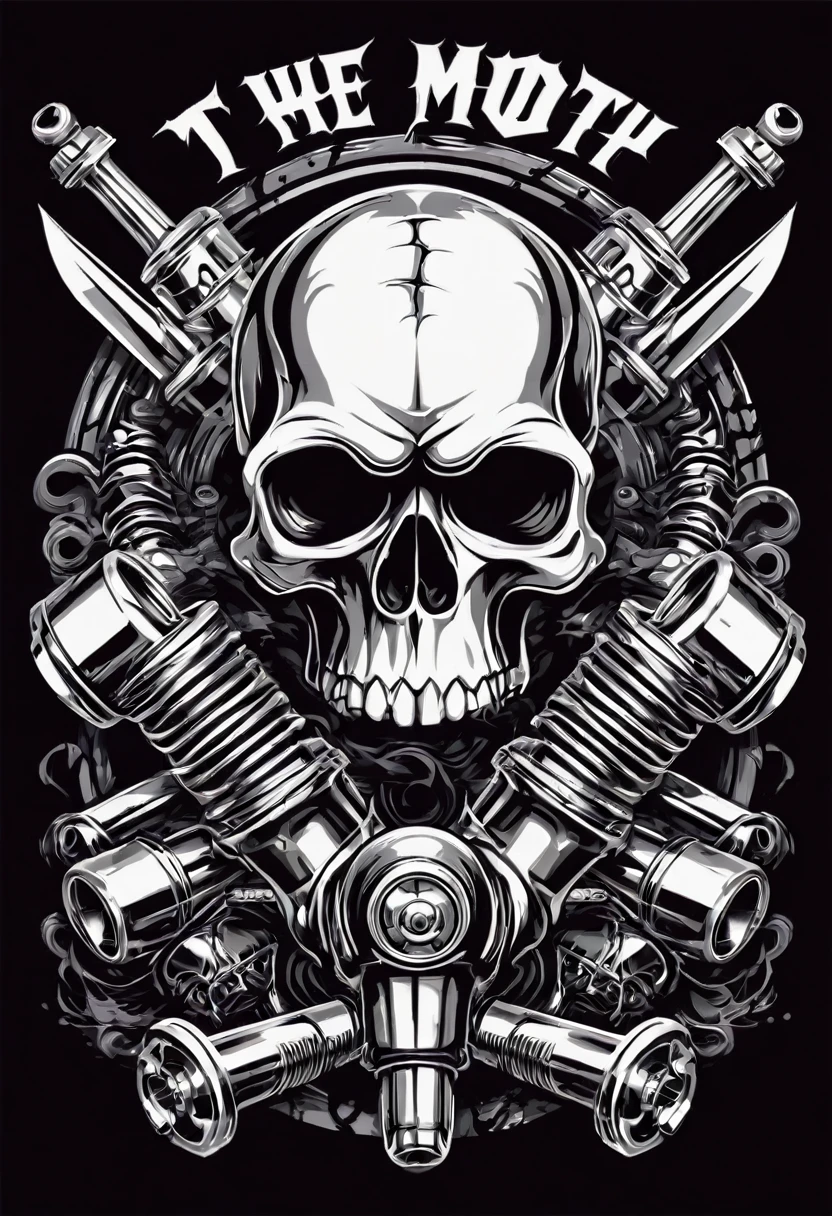 Create T-shirt design, two crossed pistons with a skull, vector art inspired by Ed Roth, featured on behance, conceptual artwork, garage, heavy metal t-shirt design,T-shirt design. The overall style is bold and intense, embodying the dark and edgy spirit of heavy metal music.