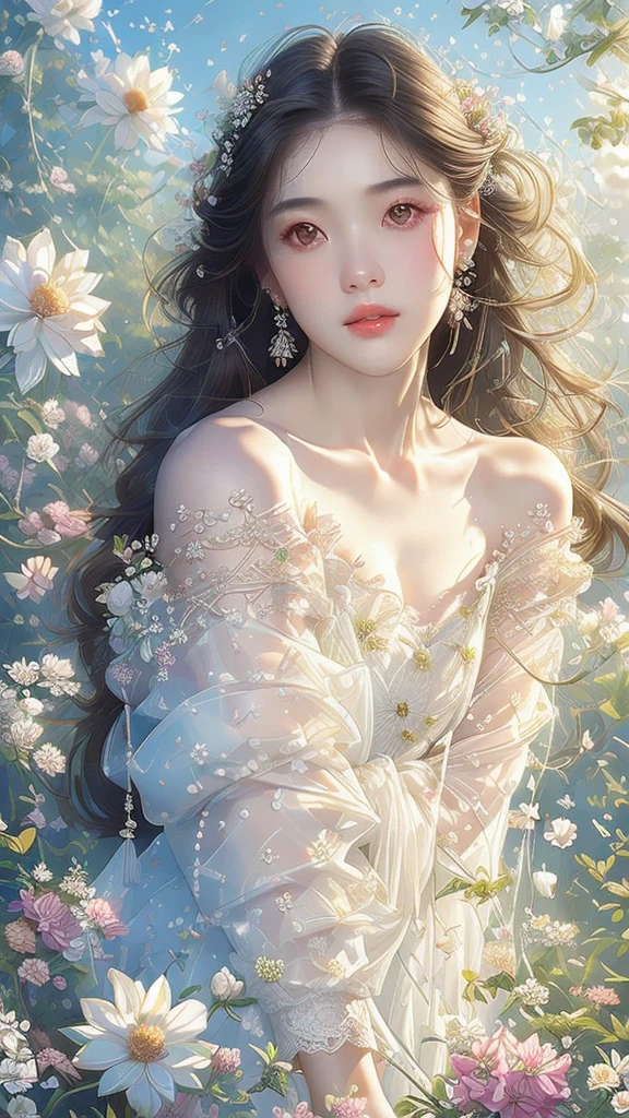 Realistic photos (one cute korean actress) Straight long hair, light makeup, (((Transparent white skin 1.5)))Medium chest,, close, Canon EOS 8K high resolution captures facial features clearly, Sharp details, Realistically、White lace dress、Off the shoulder、See-through、Surrounded by countless flowers、