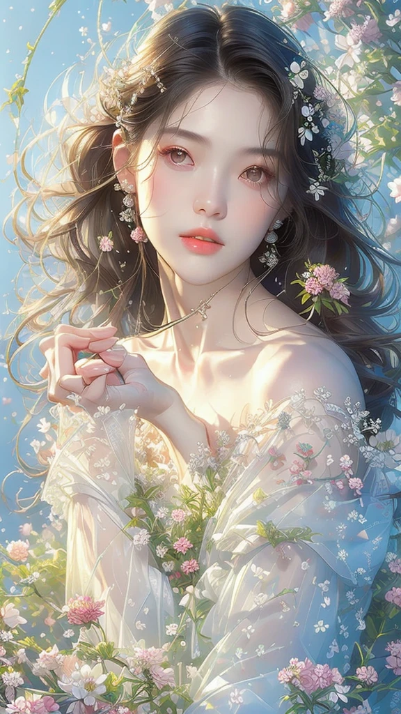 Realistic photos (one cute korean actress) Straight long hair, light makeup, (((Transparent white skin 1.5)))Medium chest,, close, Canon EOS 8K high resolution captures facial features clearly, Sharp details, Realistically、White lace dress、Off the shoulder、See-through、Surrounded by countless flowers、