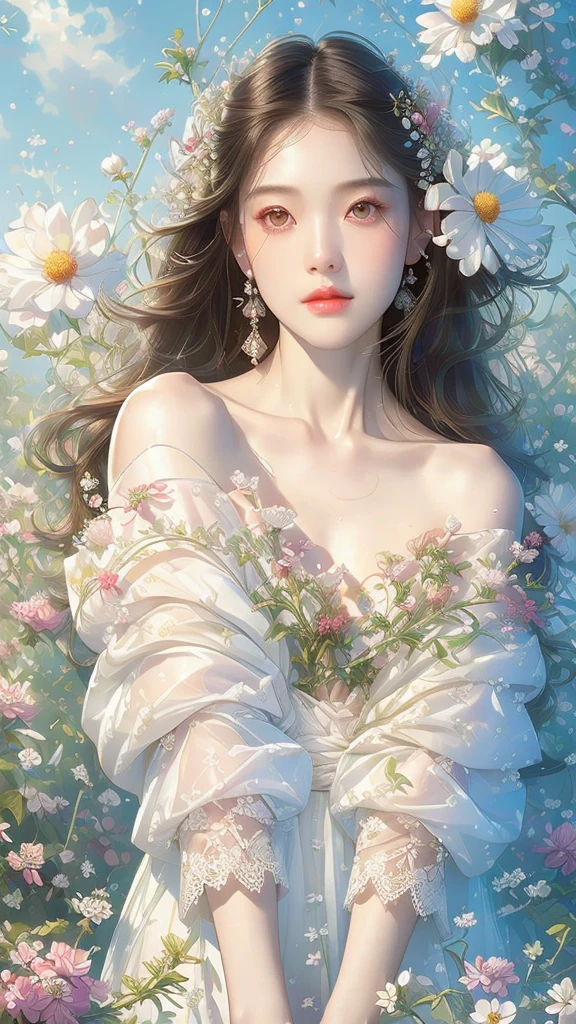 Realistic photos (one cute korean actress) Straight long hair, light makeup, (((Transparent white skin 1.5)))Medium chest,, close, Canon EOS 8K high resolution captures facial features clearly, Sharp details, Realistically、White lace dress、Off the shoulder、See-through、Surrounded by countless flowers、
