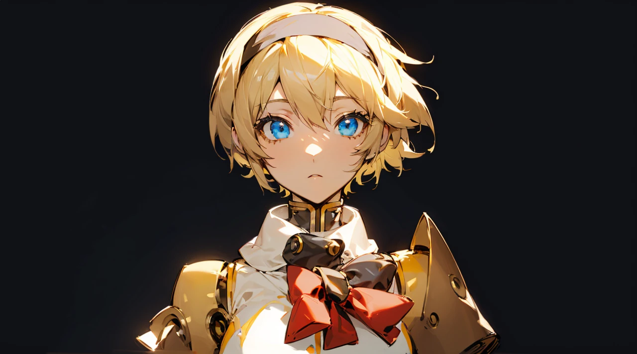 an image of the character aigis persona 3 robot short blonde hair ((black and gold headband)) white torso with ((big red bow)) ((golden detail)) ((dark backgroung)) ((black and blue background)) ((blue lights at back))