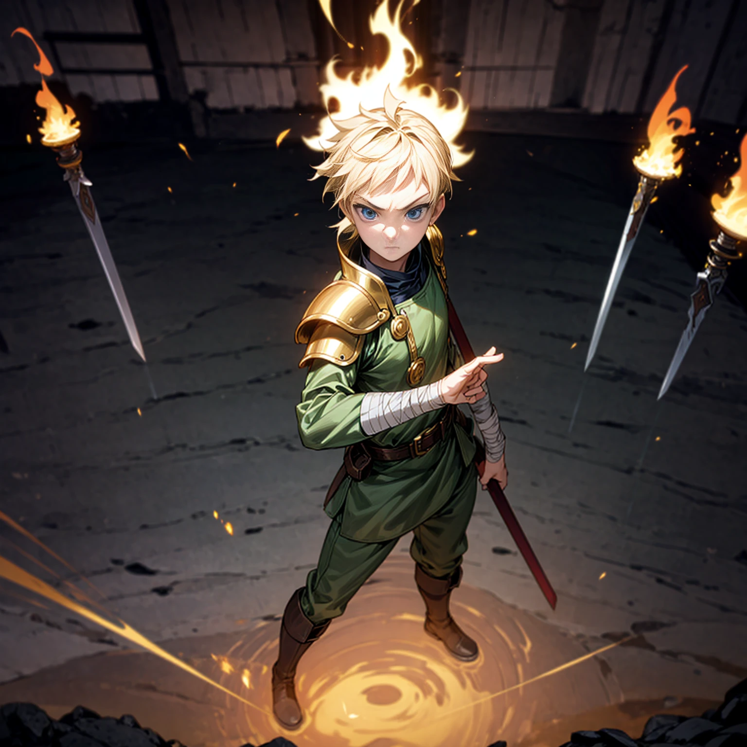 1boy, Full body version, 1character, blue eyes, sad eyes, short haircut, blonde color hair, bandage on head, soldier style outfit, big armors, black Boots, Grassroots, full background indoor building, motion blur, (one piece style art), standing gesture, sword lighting gold in hand, fire effect on sword, smoke effect, fire effect in background, plasma effect, light fire, (high angle view, hd, masterpiece)