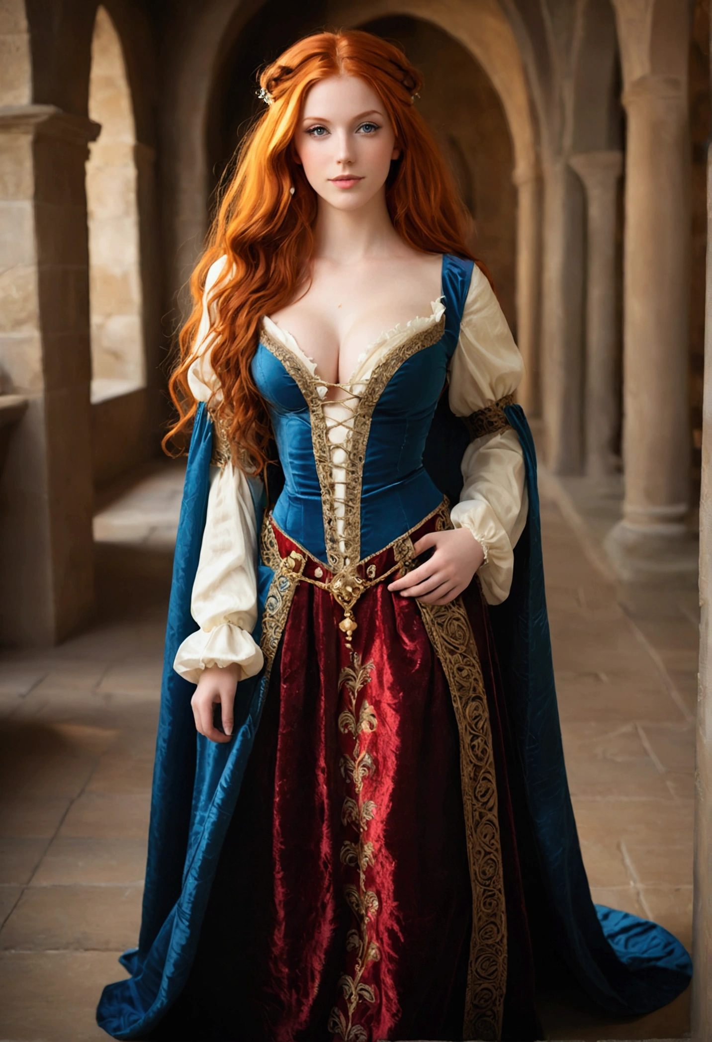 ultra realistic, photography, long red hair, girl, 24 years old, hourglass figure, perfect body, Flirty look, extremely detailed artgerm, in the style artgerm, facing the camera, lens 35 mm, blur background, at a medieval costume party, wearing a renaissance outfit, full body picture, full body