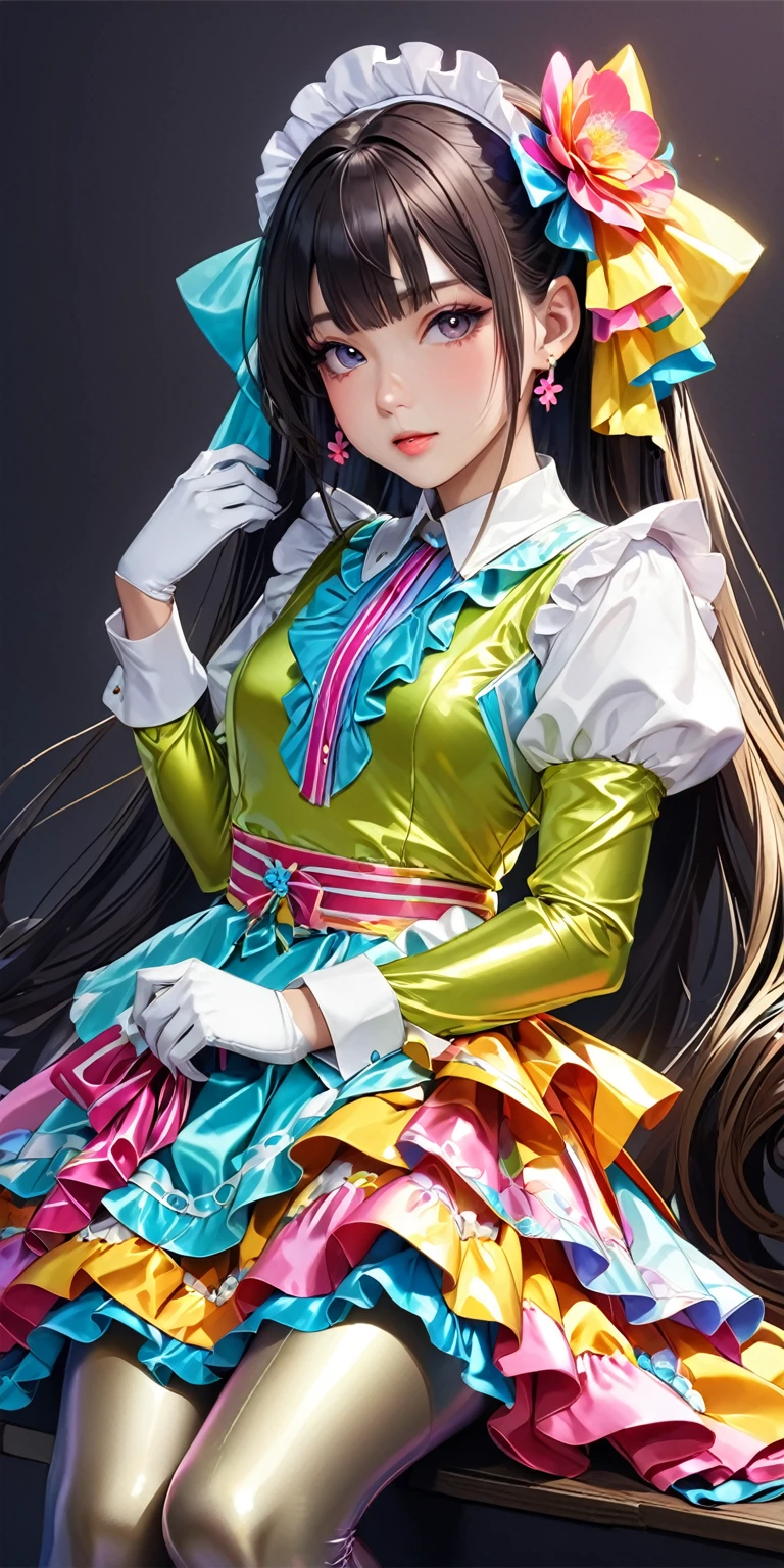 Portraiture、(masterpiece,Highest quality,Ultra-high resolution),Japanese women, (((Very beautiful 25 year old girl))),She is wearing a long-sleeved dress made of shiny satin with lots of frills, like an idol costume.、A shirt with a shiny satin collar、Shiny satin long gloves、Shiny satin tights、The costume is colorful and made of very shiny satin fabric.、The background is dark