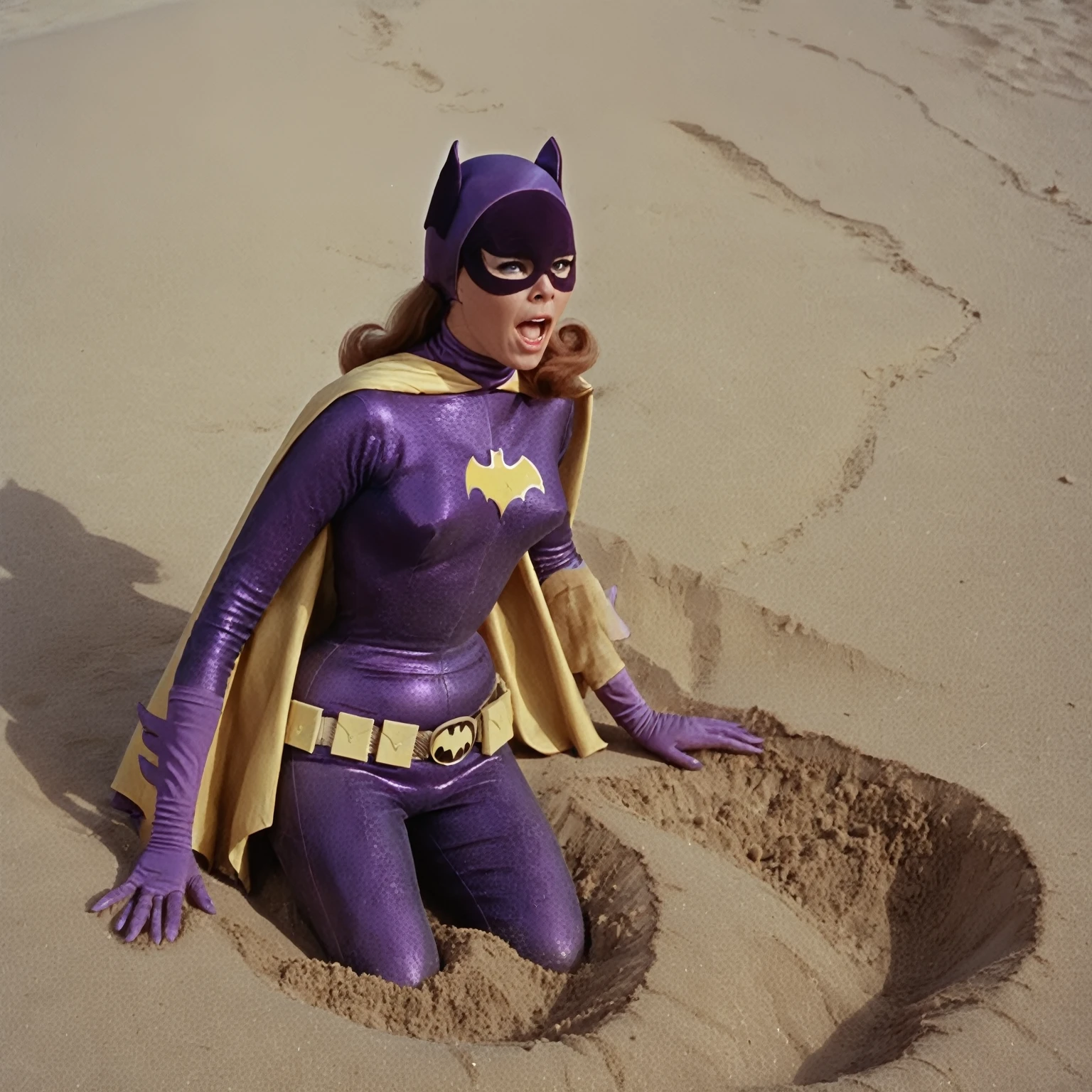 yvonne craig woman, sinking in sand. She screams with her eyes wide open, she looks for help, extent her arm trying to grab something to escape, she moves desperate, but half of her body is already cover by sand, she is in pain, she screams as hard as she can , 60's style, analog film, film grain, on desert