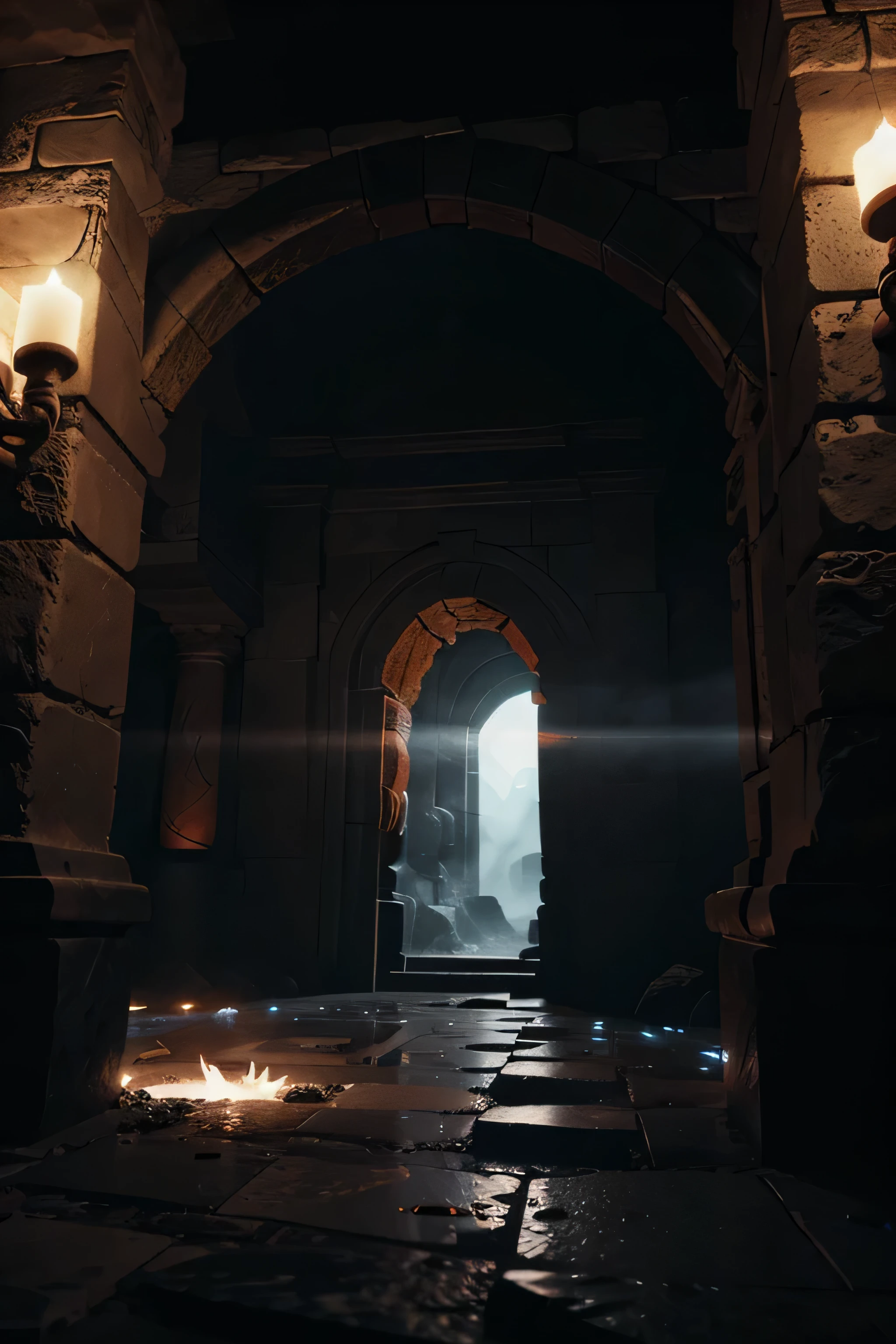 Hyperrealistic cinematic shot of an ancient stone temple entrance in a fiery cavern. Massive carved stone pillars form a menacing face-like structure. Glowing red lava veins spider across dark rock walls. A mysterious blue-white light emanates from within the temple doorway. Ultra-detailed textures on weathered stone blocks. Ominous atmosphere with deep shadows and vibrant orange-red lighting. 8K resolution, photorealistic rendering, epic scale."