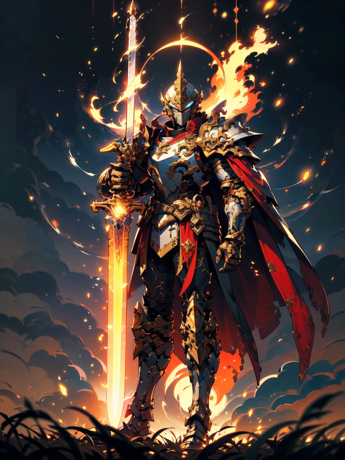 8K quality,(super masterpiece:1.3),Highest quality,Detailed Images,1 male,knight,pocket(Full Face,Two Corners),Blue Armor(Blue full armor,Golden decoration),(Wear a red cloak,Red Cape),(Holding a flaming sword in both hands),(background:Burning image,sunset,幻想的なsunset,The End,The end of the world,grassland,Takayama,Halo effects),(Whole body image,Standing with your legs apart),(Face directly towards the camera,Looking directly at the viewer,looking at the camera,The body faces the viewer,The body is facing the direction of the camera,Face looking straight into the camera).