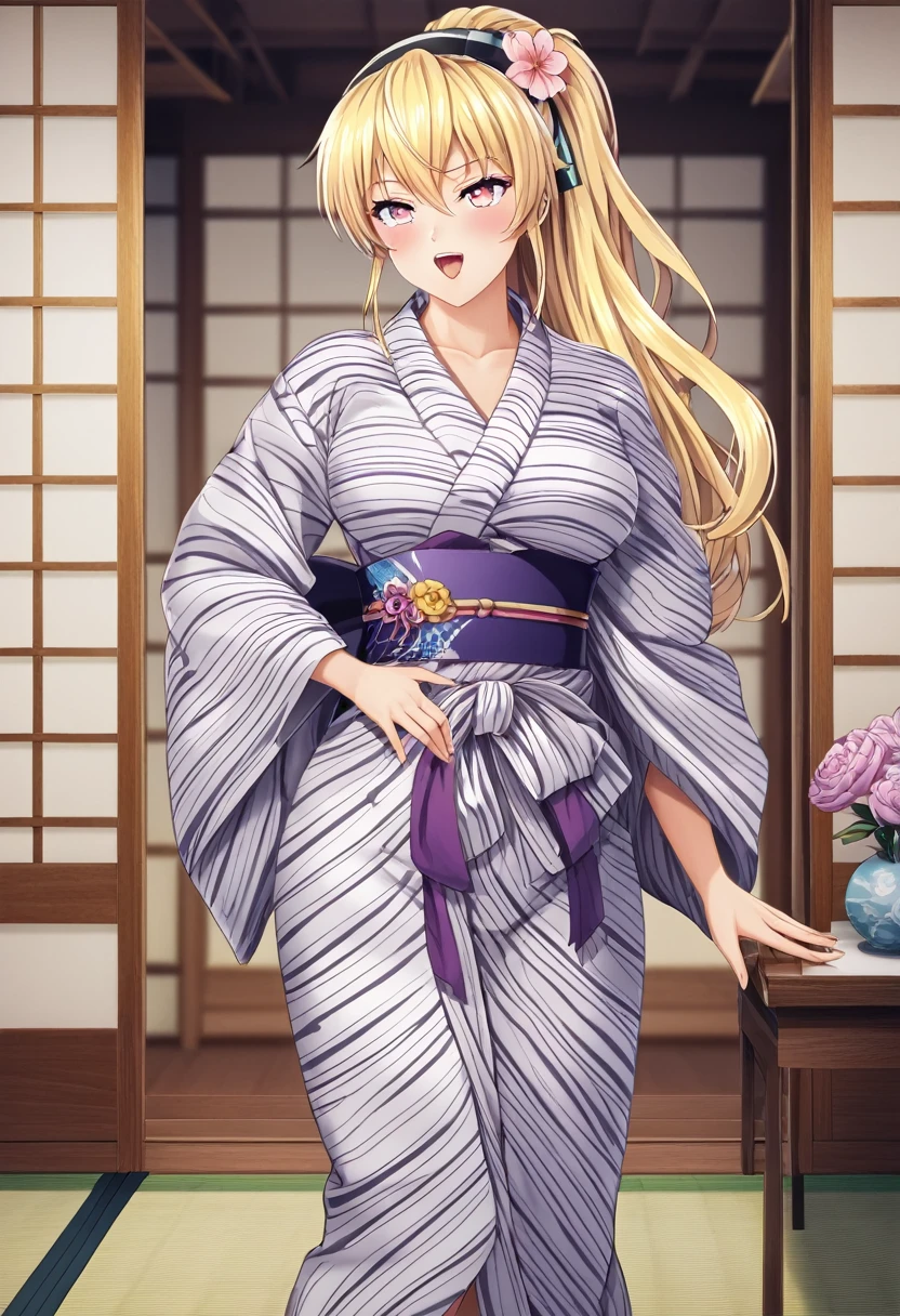 concept is Japanese matsuri,A blonde bob girl is wearing a yukata Of flower pattern(Glittering yukata),She is rolling a twisted headband and beating the drum,Please draw a beautiful and magnificent picture.masterpiece,best quality,ultra-detailed, illustration, detailed light,an extremely delicate and beautiful,dynamic,Sense of presence