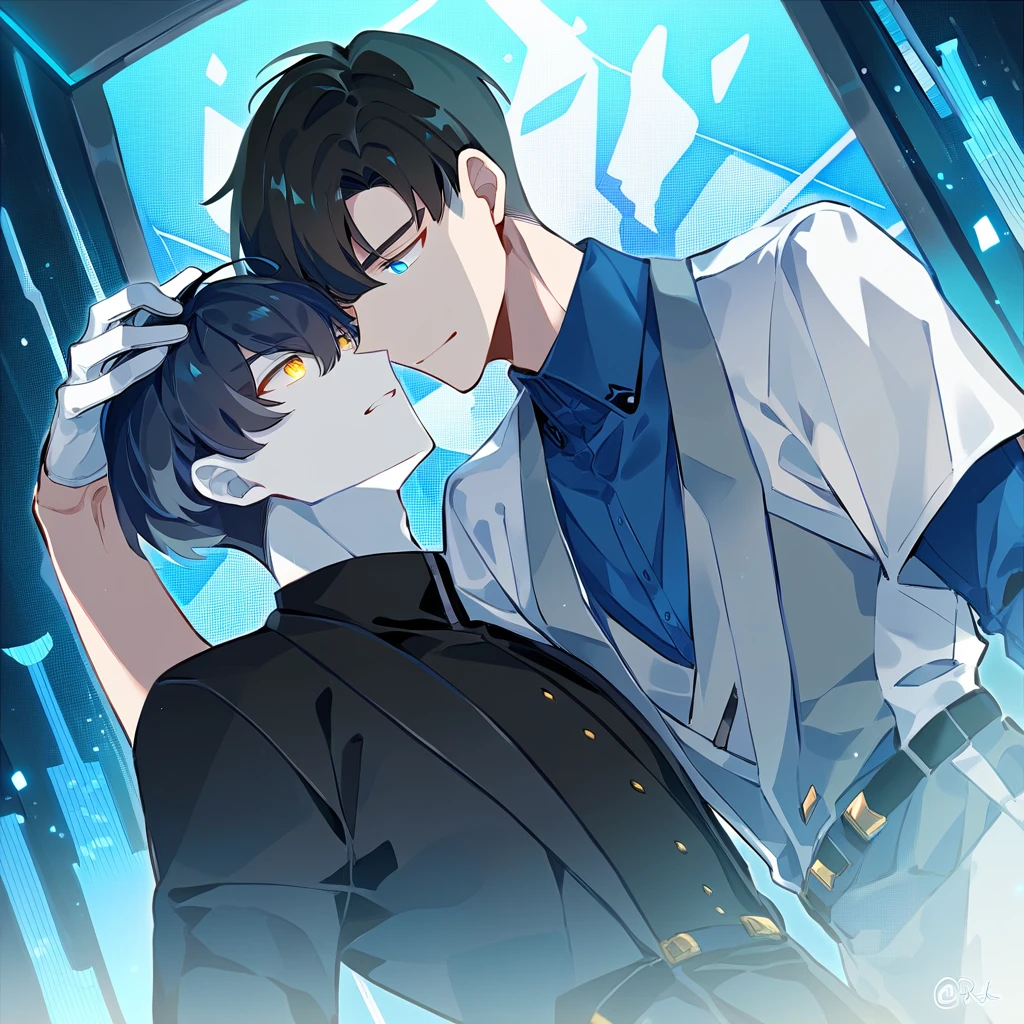 2 young men, focus man , Yaoi, pair, (humanต่างดาว , yellow eyes, The skin is gray, smooth and translucent. ),  (human,  black haired ,blue eyes  ,white skin) , sci-fi, The best aesthetics , best quality, Amazing quality, The best aesthetics ,The background is a laboratory., spaceship