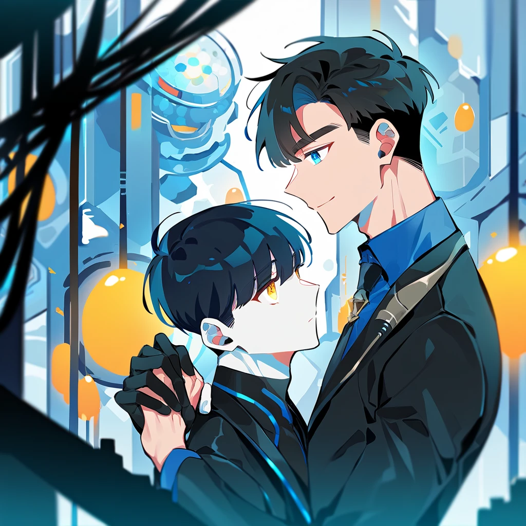 2 young men, focus man , Yaoi, pair, (humanต่างดาว , yellow eyes, The skin is gray, smooth and translucent. ),  (human,  black haired ,blue eyes  ,white skin) , sci-fi, The best aesthetics , best quality, Amazing quality, The best aesthetics ,The background is a laboratory., spaceship