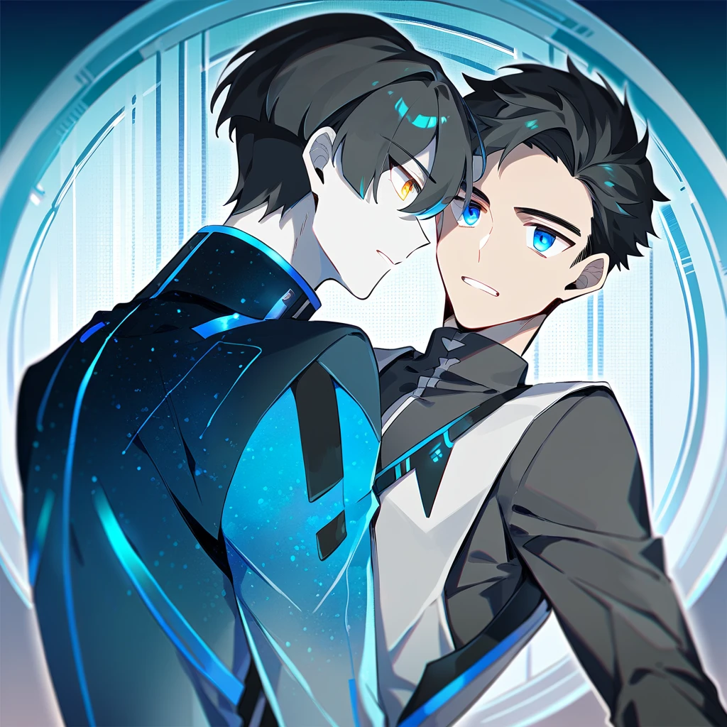 2 young men, focus man , Yaoi, pair, (humanต่างดาว , yellow eyes, The skin is gray, smooth and translucent. ), (human, black haired ,blue eyes ,white skin) , sci-fi, The best aesthetics , best quality, Amazing quality, The best aesthetics ,The background is a laboratory., spaceship