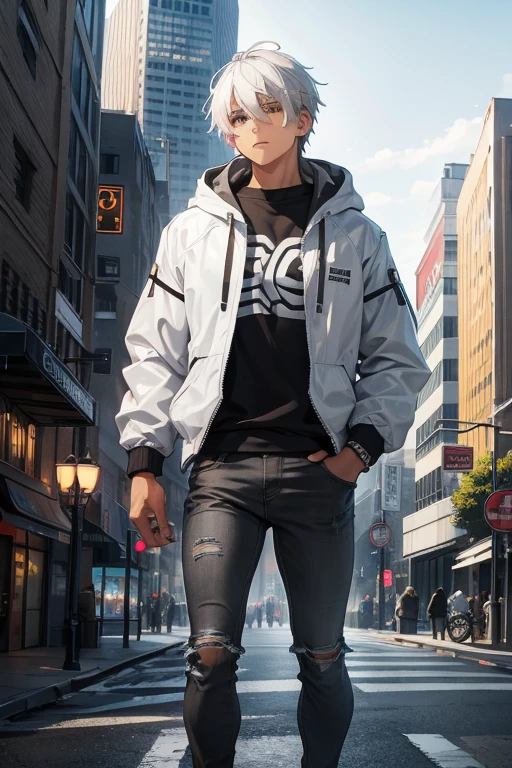 White hair, brown-skinned male, gray eyes, white hooded jacket, black shirt, black jeans, city background. 
