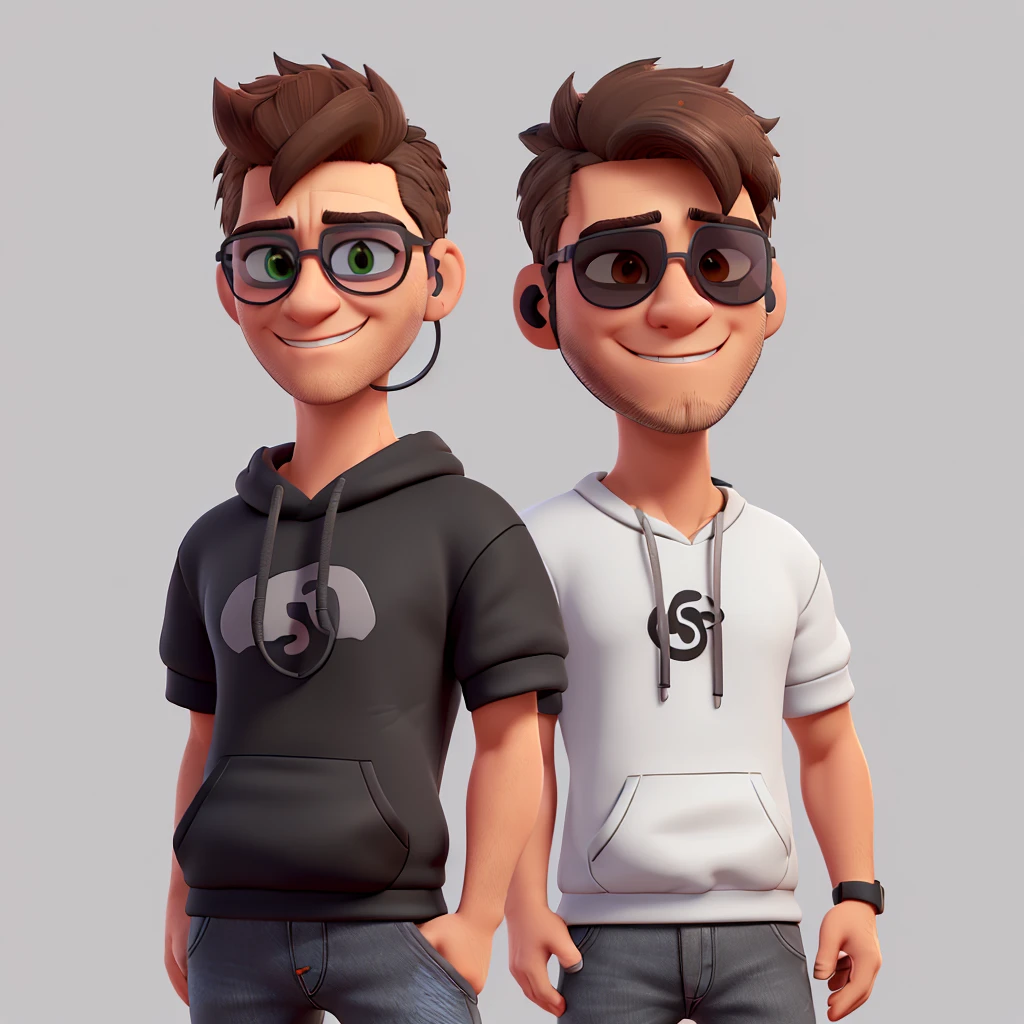 (35 year old man) ((black sweatshirt)) (usa jeans) ((White skin)) ((dark brown hair, short and disheveled)) ((gaming headphones)) (Use bright and strong colors) ((subtle smile) ((sunglasses with dark black lenses)) (muscled body) ((Shaved beard)) (thin eyebrows) (You can't see his eyes) ((round face)) ((Very detailed)) (Best Quality)