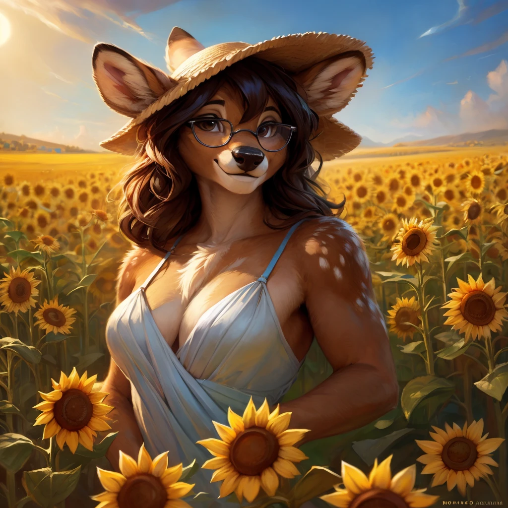 uploaded on e621, artstation, by Pixelsketcher, by Bayard Wu, by Thomas Benjamin Kennington , by Einshelm, by hioshiru and kenket, Chunie, portrait, solo anthro female deer doe, with small featureless breasts, clear dark blue, cinematic lighting, day, sunny day, sunflower field, stands in a high sunflower field, sunflower field background, sunflowers, mediterranean background, horizon background, shiny, chin short curly dark brown hair, wears big black nerd glasses, very very beautiful furry art, furry art, smiling, joyful, shiny, happy, feminine, cute face, muzzle, fluffy chest, flawless face, Fallow deer, 1girl, Sakimichan is beautiful, Masterpiece, Wavethesallow Face, shiny, Detailed image, portrait, Detailed image, portrait, full body, wearing pure white and wide spaghetti straps dress, wearing big and wide beige summer straw hat, shiny, realistic face, perfect anatomy, hourglass body, (furry body:1.1), anthropomorphic deer, looks at the viewer, small fluffy tail, detailed background, (cute anatomy:1.1)
