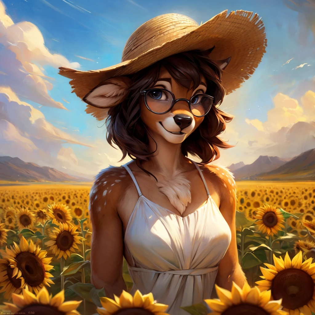 uploaded on e621, artstation, by Pixelsketcher, by Bayard Wu, by Thomas Benjamin Kennington , by Einshelm, by hioshiru and kenket, Chunie, portrait, solo anthro female deer doe, with small featureless breasts, clear dark blue, cinematic lighting, day, sunny day, sunflower field, stands in a high sunflower field, sunflower field background, sunflowers, mediterranean background, horizon background, shiny, chin short curly dark brown hair, wears big black nerd glasses, very very beautiful furry art, furry art, smiling, joyful, shiny, happy, feminine, cute face, muzzle, fluffy chest, flawless face, Fallow deer, 1girl, Sakimichan is beautiful, Masterpiece, Wavethesallow Face, shiny, Detailed image, portrait, Detailed image, portrait, full body, wearing pure white and wide spaghetti straps dress, wearing big and wide beige summer straw hat, shiny, realistic face, perfect anatomy, hourglass body, (furry body:1.1), anthropomorphic deer, looks at the viewer, small fluffy tail, detailed background, (cute anatomy:1.1)