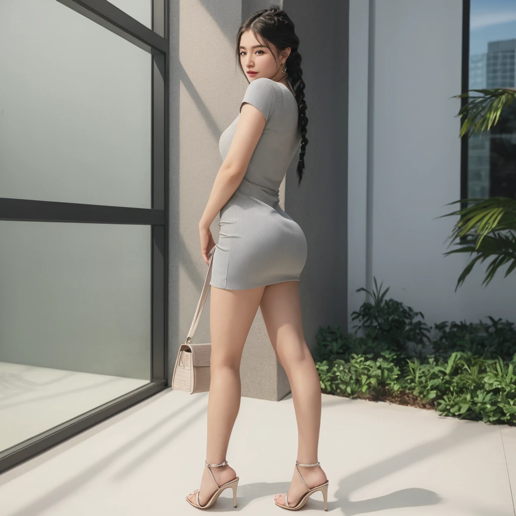 Sexy Chica en vestido Gris con trenza francesa