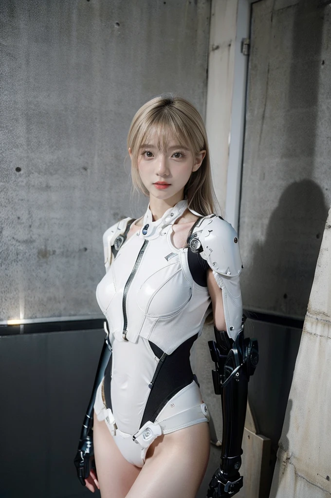 best quality, 1080P, Masterpiece, Whole body photo, Ultra high resolution, photorealistic photo, ultra realism, Realistic skin texture, Light blonde hair, Extreme skin detail, dslr, Detailed eyes, Facing the camera, very beautiful face, Concise facial structure, Pale skin, Realistic skin texture, Extreme skin detail, oc render reflection textures, Realistic light and shadow, Single picture, alone, The body is slim and balanced., Age 20, Height 170, naked girl, NUDE, no underwear, A girl with the body of a mechanical robot., Transparent futuristic black glass mech armor suit, The mechanical cervix is attached to the neck., flat stomach, Woman with perfect mechanical arms and legs, full body view, Whole body photo,
