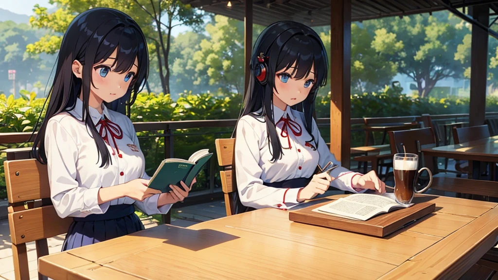 girl、Thai Uniform、Cafe、Reading、Coffee on the table、headphone、Nature around、concentrated