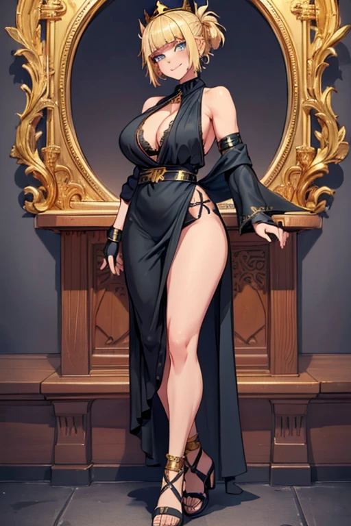 female, black short hair, blue eyes, (((1girl))), (((black toga style dress))), (black fingerless opera gloves), (gold jewelry), (gold ornate crown), (Greek style heeled sandals), cute and sexy, full body, big breasts, long legs, smiling, cleavage