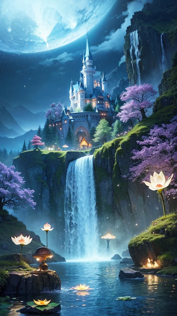 Fantasy Landscape 1. In the magical forest、Glowing mushrooms and sparkling fairies flying around 2. A tall mountain々A beautiful castle in the kingdom of the elves surrounded by. A calm lake illuminated by moonlight、Lotus flower floating on the lake 4. Floating Island々and、Flying dragon landscape 5. Glowing Crystal Cave、A mysterious place with sparkling gems embedded in the walls 6. Ancient Wizard's Tower、Mysterious plants around me 7. Under the starry night sky、Spreading Flower Field 8. A castle in the sky floating in a sea of clouds、Rainbow Landscape 9. Fantastic waterfall、Mysterious water source with rainbow 10. Deep in the misty forest、Landscapes inhabited by mysterious animals 11. Golden desert、Floating Oasis 12. Winter Magic Land、Shining Ice Castle and Snowy Landscape 13. A vast plain where Pegasus flies across the sky 14. A river with a bridge made of sparkling crystals 15. Purple Sky、A fantastic forest filled with glowing trees 16. A floating library with giant magical books 17. The hidden kingdom in the heart of the tornado 18. Spring fairy garden with fluttering petals 19. Ancient ruins filled with magical light 20. 8k images of fairy lake illuminated by the light of the morning sun,