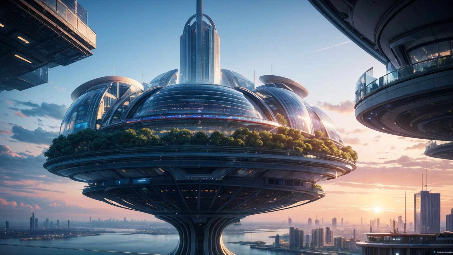 (Best quality,4K,8K,A high resolution,Masterpiece:1.2),Ultra-detailed,(Realistic,Photorealistic,photo-realistic:1.37),Futuristic floating city,Futuristic technology,Huge urban high-tech tablet platform,Airship,Floating in the sky,Futuristic city,Small airships around,High-tech hemispherical platform,Colorful lights,Advanced architecture,modernn architecture,skyscrapper,Access the cloud,Scenic beauty,view over city,Impressive design,Blend seamlessly with nature,energetic and vibrant atmosphere,Futuristic transportation system,Parking is suspended,Transparent path,Lush greenery,Sky gardens,cascading waterfalls,Magnificent skyline,reflections on the water,Sparkling river,Architectural innovation,futuristic skyscrapers,Transparent dome,The shape of the building is unusual,Elevated walkway,Impressive skyline,Glowing lights,Futuristic technology,Minimalist design,Scenic spots,Panoramic view,Cloud Piercing Tower,Vibrant colors,epic sunrise,epic sunset,Dazzling light display,magical ambiance,The future city,Urban Utopia,LuxuryLifestyle,Innovative energy,sustainable development,Smart city technology,Advanced infrastructure,Tranquil atmosphere,Nature and technology live in harmony,Awesome cityscape,Unprecedented urban planning,Architecture connects seamlessly with nature,High-tech metropolis,A cutting-edge engineering marvel,The future of urban living,Visionary architectural concept,Energy-efficient buildings,Harmony with the environment,A city floating above the clouds,Utopian dreams become reality,The possibilities are endless,State-of-the-art transportation network,Green energy integration,Innovative materials,Impressive holographic display,Advanced communication system,Breathtaking aerial view,Quiet and peaceful environment,Modernist aesthetics,Ethereal beauty