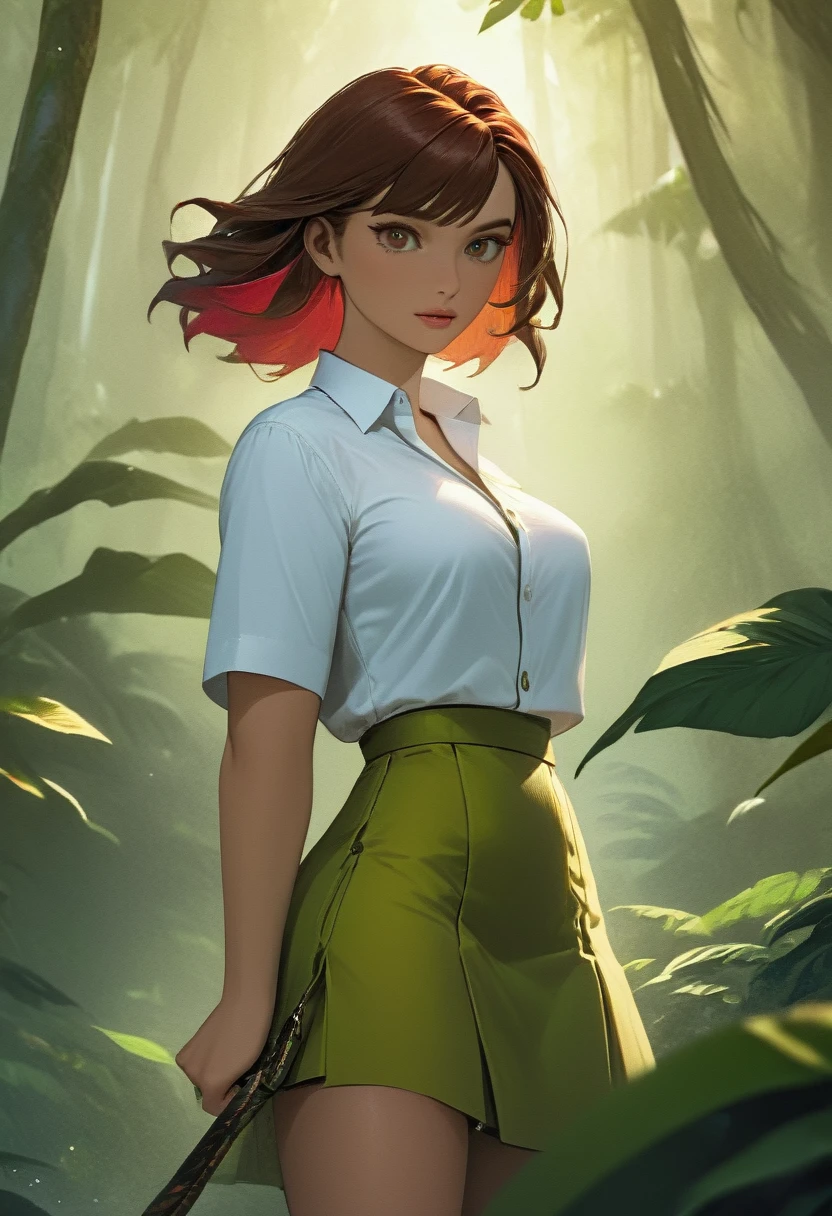 high details, best quality, 16k, [ultra detailed], masterpiece, best quality, dynamic angle, ultra wide shot, RAW, photorealistic, fantasy art, realistic art, a picture of a computer engineer  getting lost in the jungle, computer engineer, wearing white button shirt,  dynamic skirt, dynamic colors, wearing stiletto heels, full body, (an extremely beautiful: 1.3), (best detailed face: 1.4), dynamic hir color, dynamic hair style, dynamic eyes color, sense of confusion, sense of helplessness, jungle trees, a snake lurking by, high details, fantasy art, RPG art best quality, 16k, ultra detailed, masterpiece, best quality, (ultra detailed), full body, ultra wide shot, photorealistic, Hyperrealism style