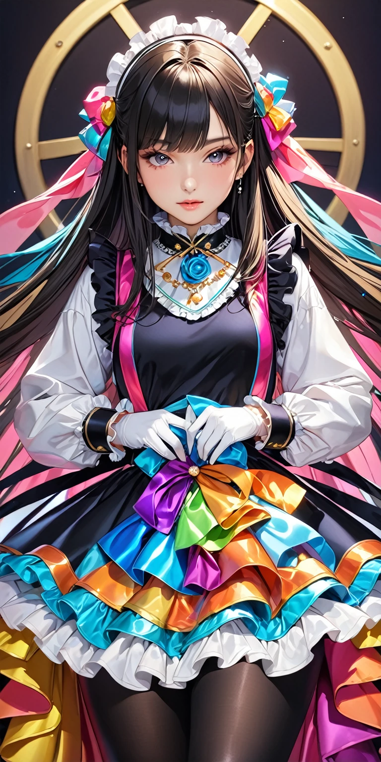 Portraiture、(masterpiece,Highest quality,Ultra-high resolution),Japanese women, (((Very beautiful 25 year old girl))),She is wearing a long-sleeved dress made of shiny satin with lots of frills, like an idol costume.、A shirt with a shiny satin collar、Shiny satin long gloves、Shiny satin tights、The costume is colorful and made of very shiny satin fabric.、The background is dark