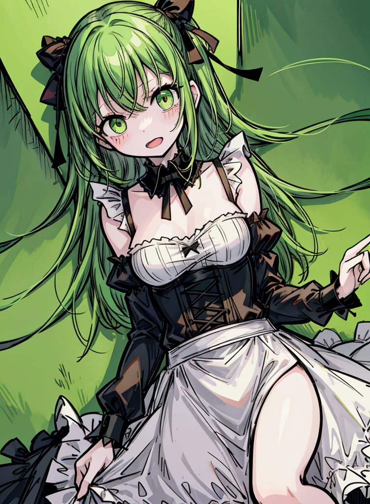 1girl ,green eyes,green hair,short maid dress ,pale skin,(high resolution, high detail, best quality),
open mouth,smile,happy, blushes, gluttonous, medium breasts