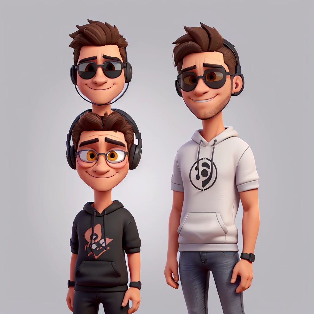 (35 year old man) ((black sweatshirt)) (usa jeans) ((White skin)) ((dark brown hair, short and disheveled)) ((gaming headphones)) (Use bright and strong colors) ((subtle smile) ((sunglasses with dark black lenses)) (muscled body) ((Shaved beard)) (thin eyebrows) (You can't see his eyes) ((round face)) ((Very detailed)) (Best Quality)
